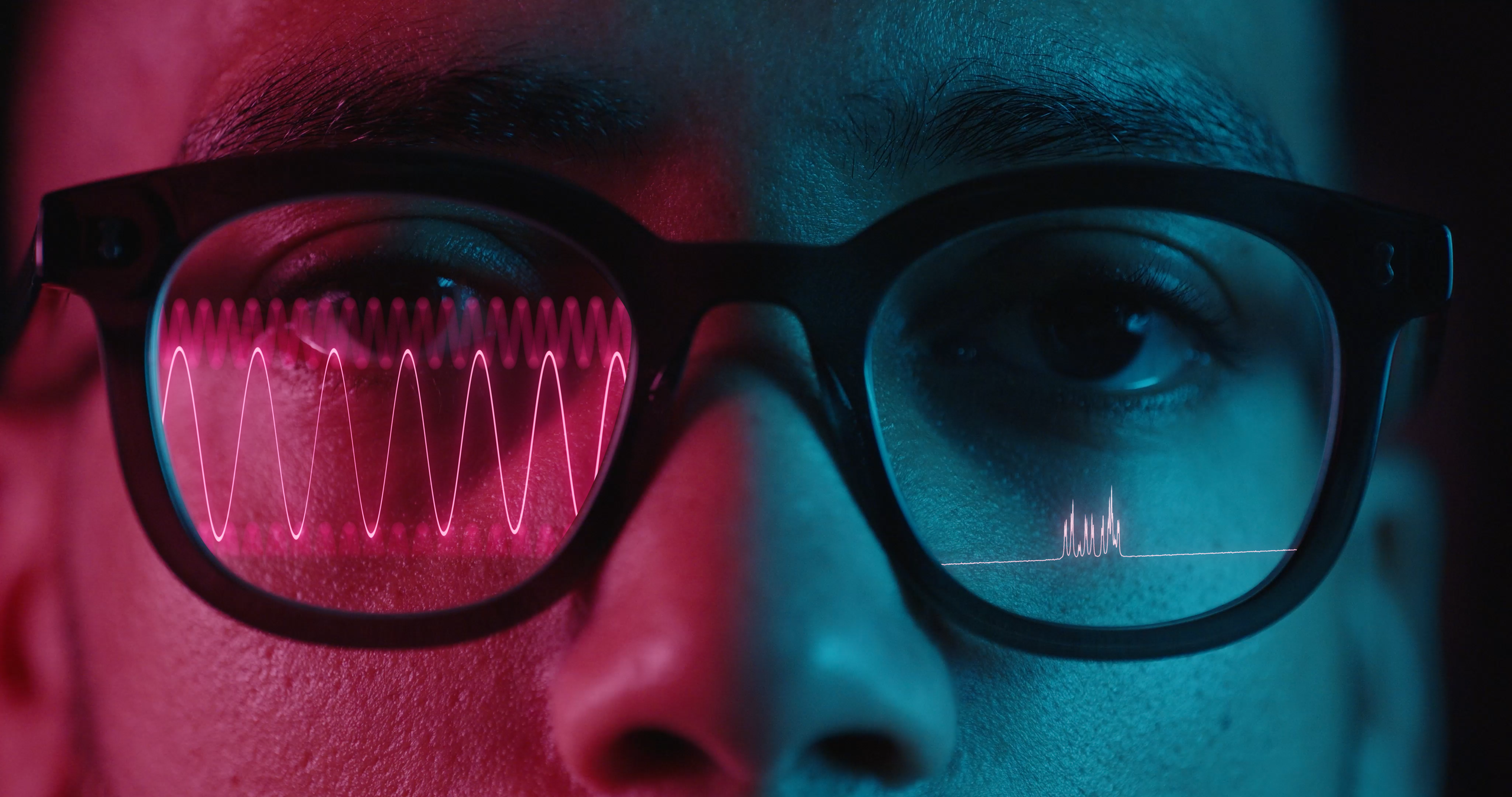 Close-up of a person wearing glasses with superimposed NMR radiofrequency waves in studio lighting, taken from our video on Bruker's Fourier PAT benchtop NMR system