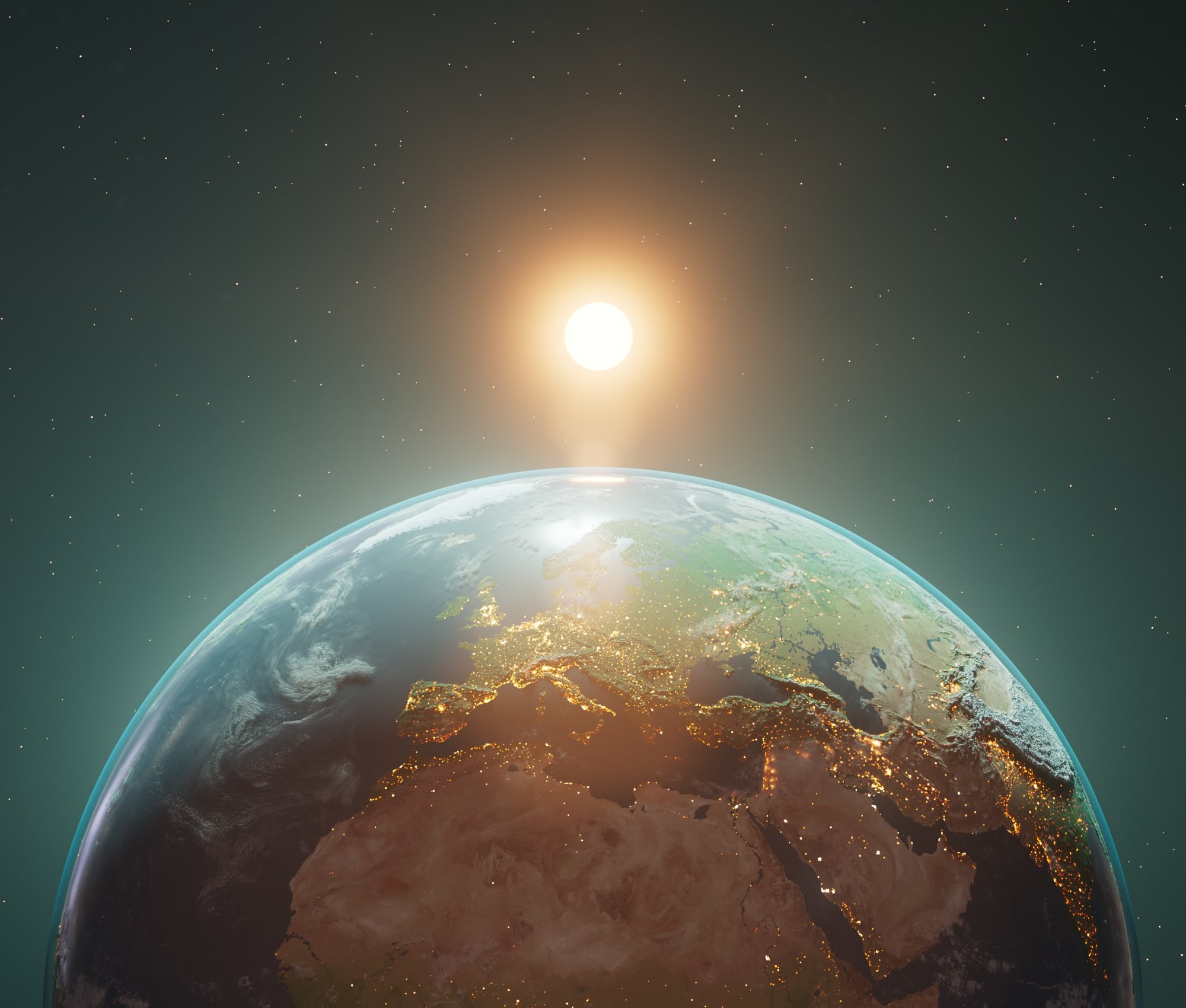 Part of planet earth as seen from space with a rising sun above it (square)