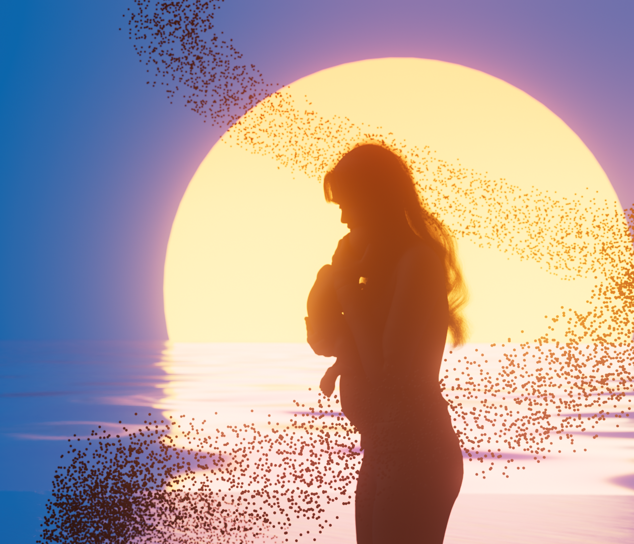 Bruker Microbial Marathon 3d animation still Athena holding baby in front of sun particles