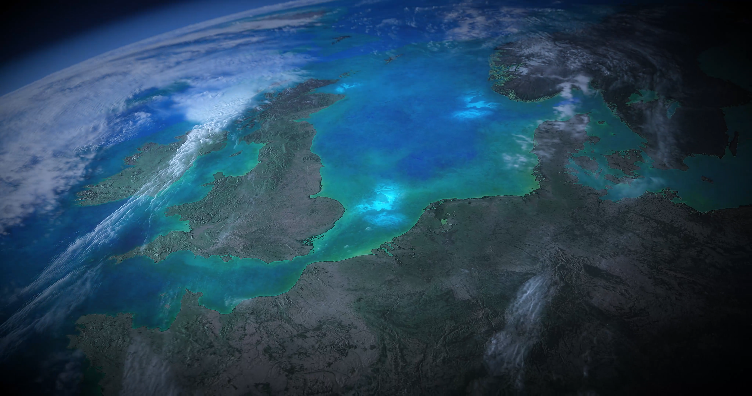 Animated view of the North Sea as seen from space in which we see the abundance of plankton, taken from the documentary De Wilde Noordzee (North Sea: Nature Untamed)