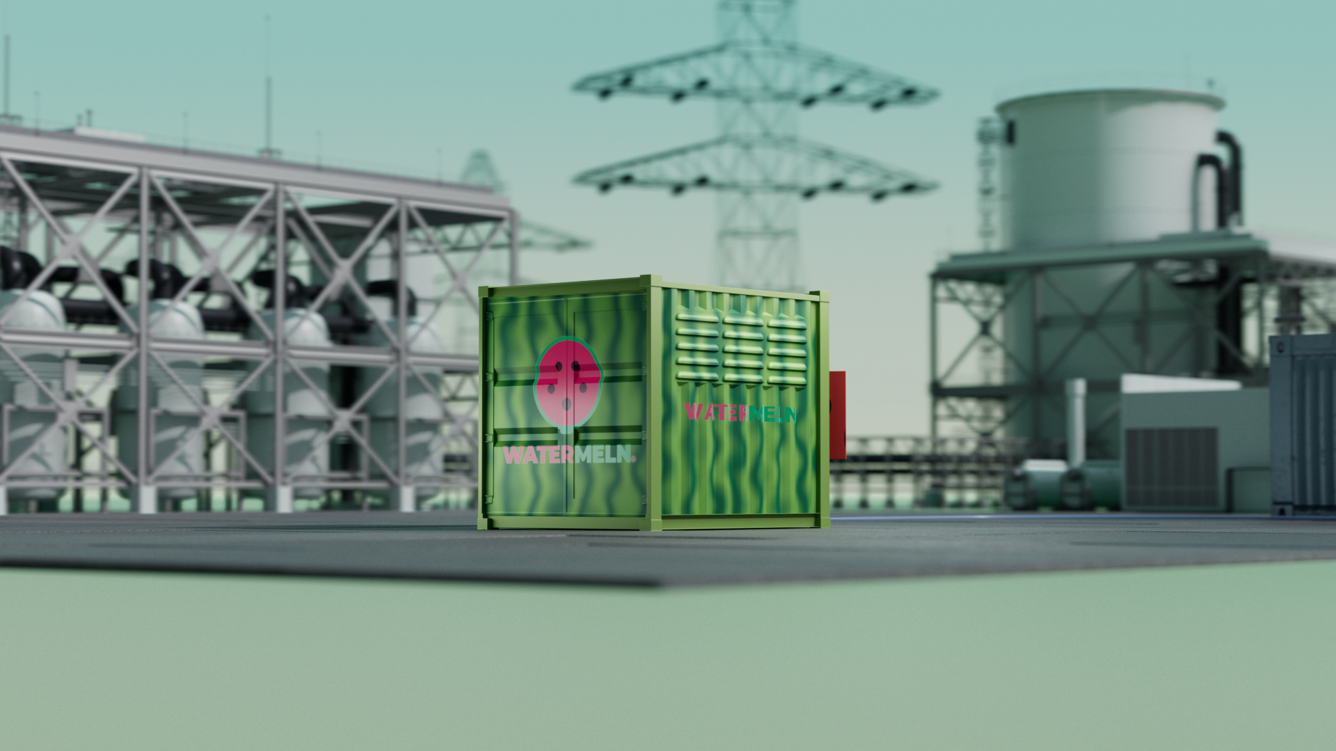 Rendered image of Watermeln hydrogen container in industrial environment